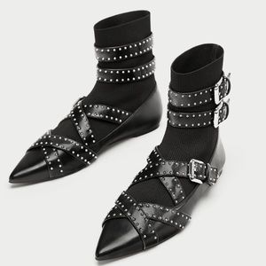 ZARA Buckled Flat Sock Ankle Boots